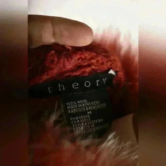 THEORY Orange Wool Cableknit 3/4 Length Fir  Trim Belted Cardigan Sweater Medium - Picture 7 of 9